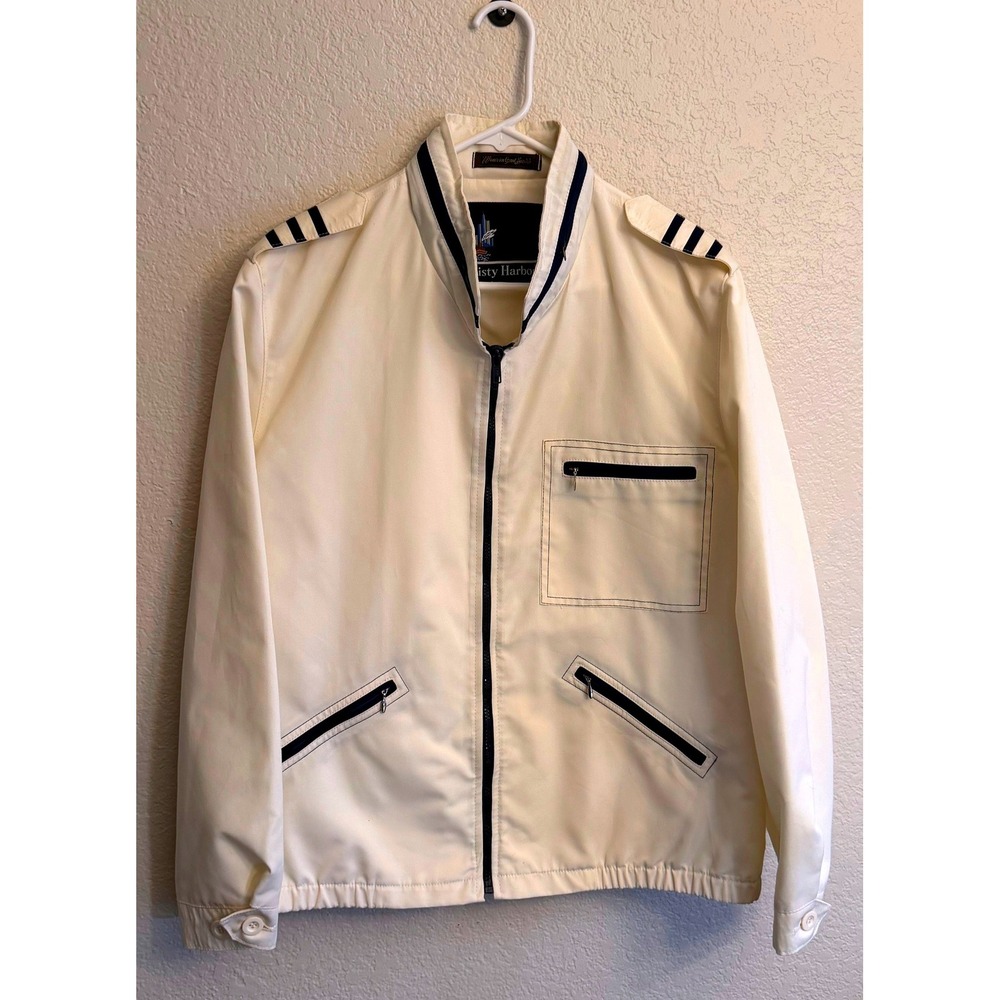 Misty Harbor Vintage Mens Windbreaker Jacket Cream Navy Stripe Nautical Member L